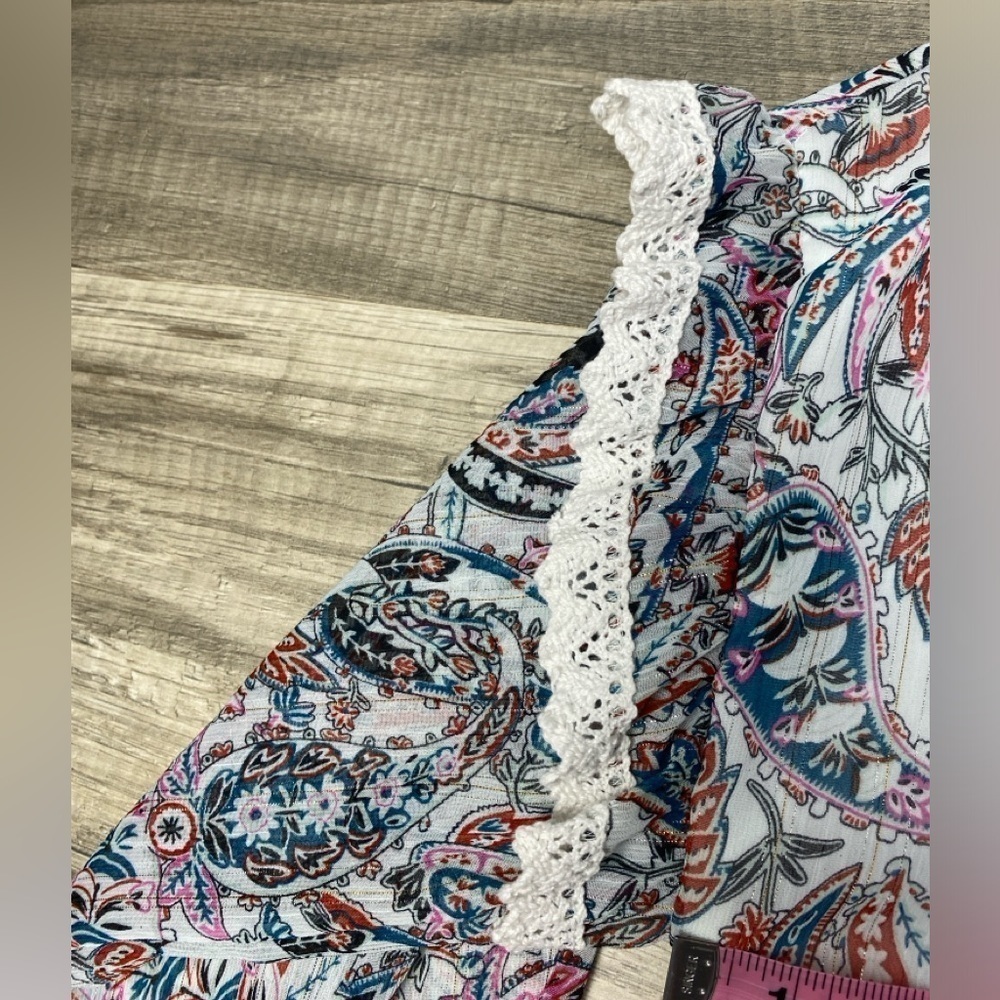 Aqua Paisley Lace Trim Top Women's S White Multi Split Tie Neck Long Sleeve - Picture 5 of 16